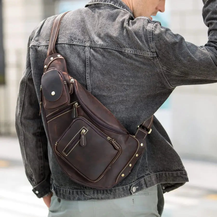 Full Grain Leather Cross Body Sling Bag Chest Bag Backpack Outdoor Camping Tactical Daypack