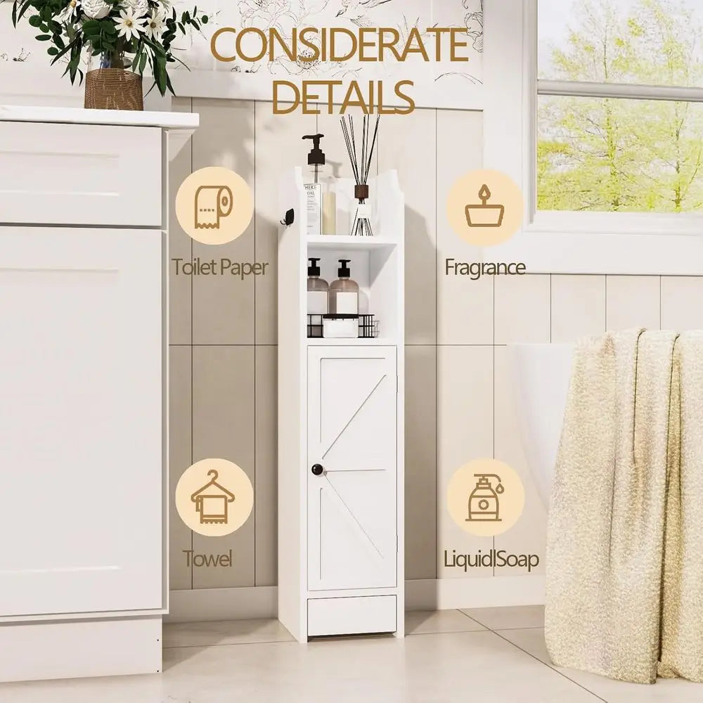 Bathroom Storage Cabinet, Toilet Paper Storage, Floor Cabinet with Door and Adjustable Shelves, Organizer for Small Spaces, Whit