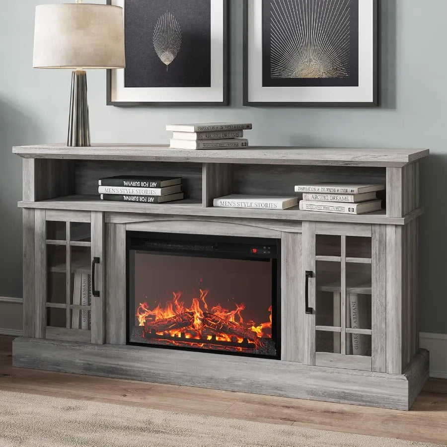 Traditional 58 Rustic TV Stand with 23 Electric Fireplace Heater and Sound Media Entertainment Center Console Table for TV up t