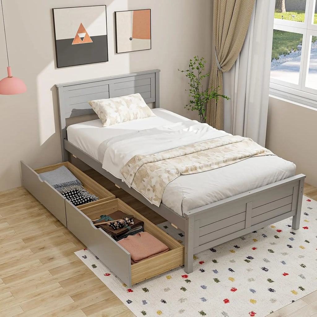 Wood Twin Bed with 2 Storage Drawers, Solid Wood Platform Bed with Headboard, Wooden Slats Support Mattress, Customized
