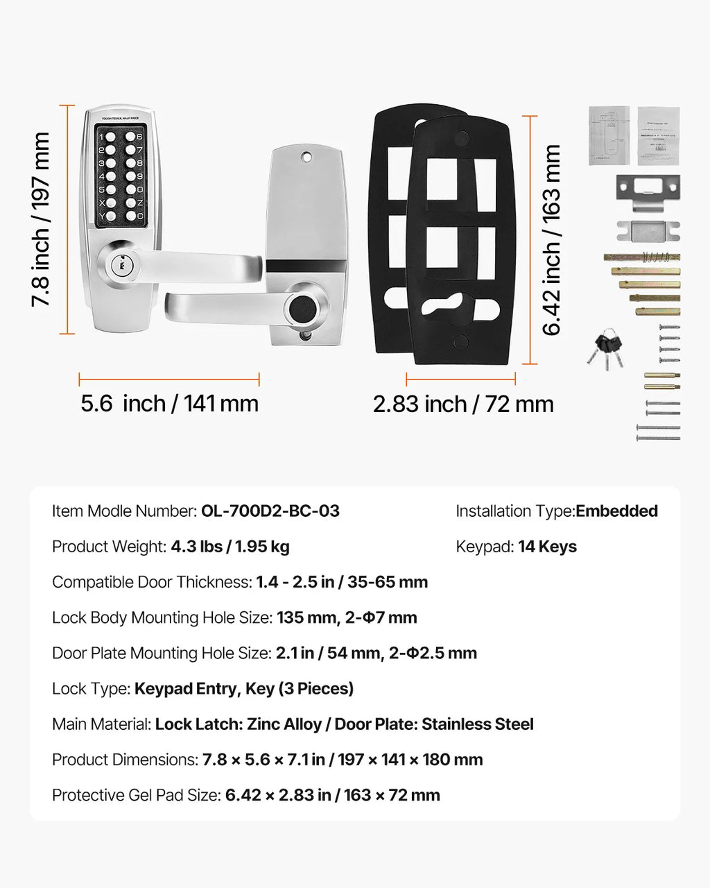 SucceBuy Mechanical Keyless Entry Lock 14 Key Mechanical Door Lock Key Mechanical Keypad Door Lock Handle Stainless Steel Lock