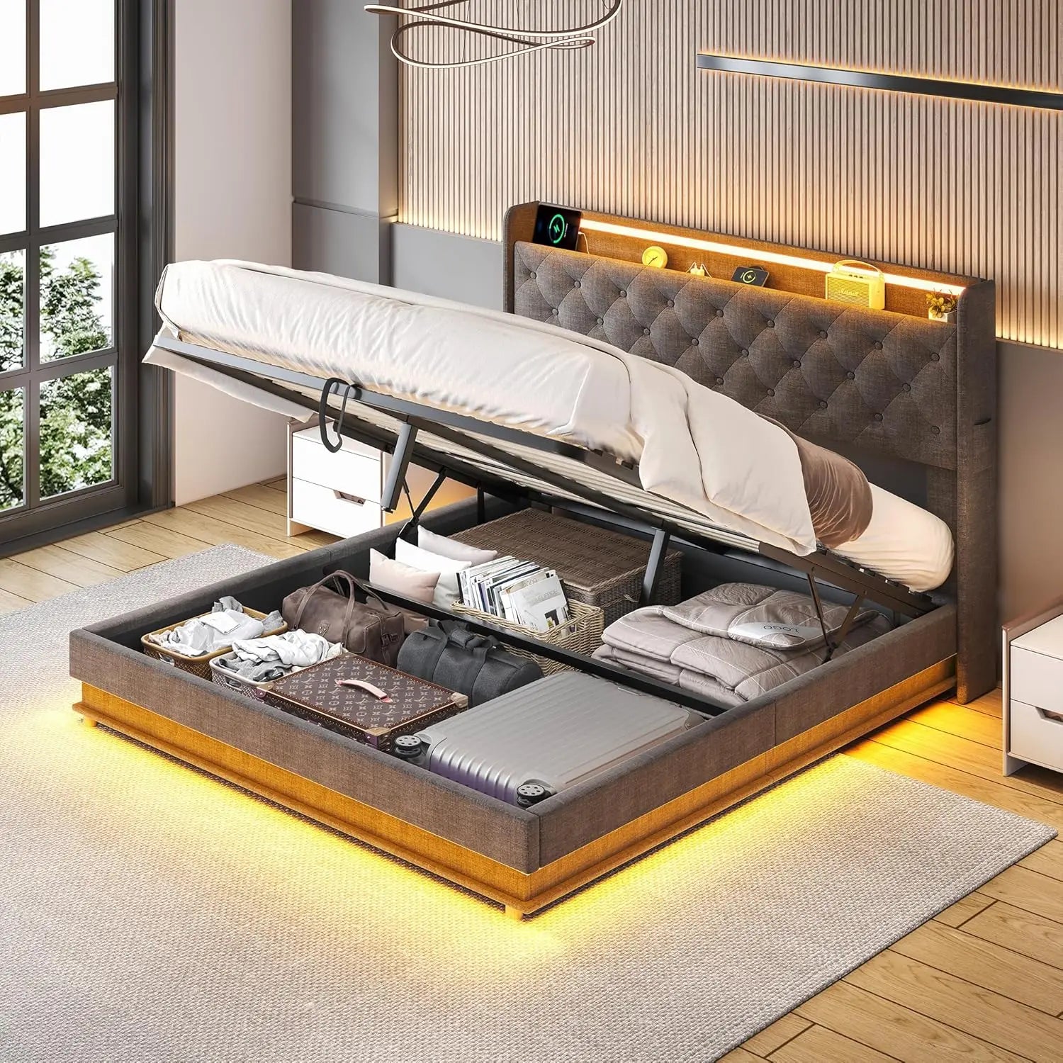 Lift Up Storage Bed Frame Queen Size with Charging Station & Led Lights,Upholstered Platform Bed with Wingback Storage Headboard