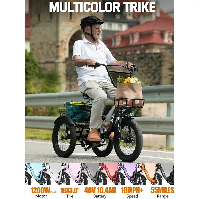 E Trike Electric Bike, Peak 1200W Brushless Motor Folding Trike 18X3.0 Fat Tire Ebike, 499Wh Removable Battery, Step-Thru