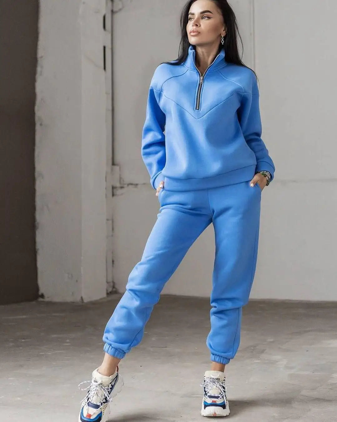 Sports Suit Zippered Solid Color Long-sleeved Winter Pullover Sweatshirt Set With Leggings Trousers Sets Womens Two Piece Outfit
