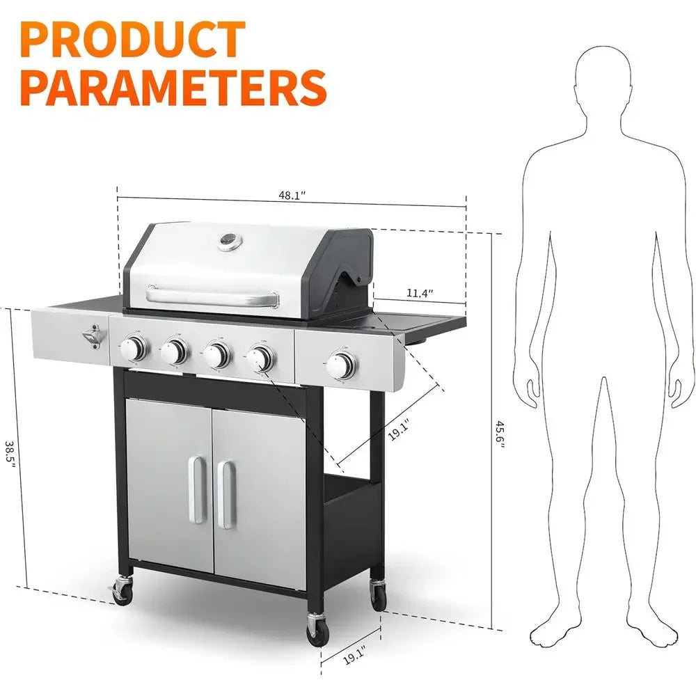 4-Burner 46,790 BTU Outdoor BBQ Grill with Infrared Side Burner, Porcelain Cast Iron Grates, and Stainless Steel Construction fo