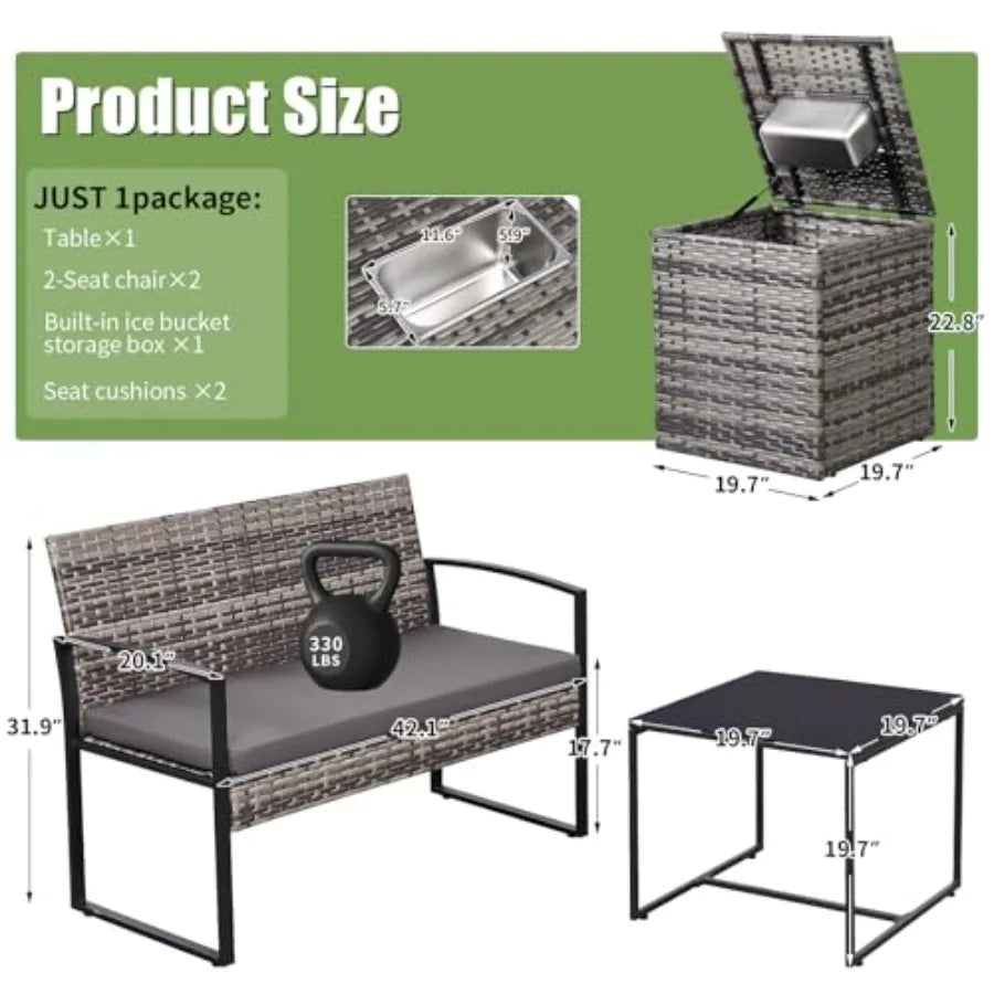 FHFO 4 Piece Outdoor Patio Furniture Set with Built-in Beverage Cooler Storage Box Wicker Conversation Sets Patio Outdoor Loves