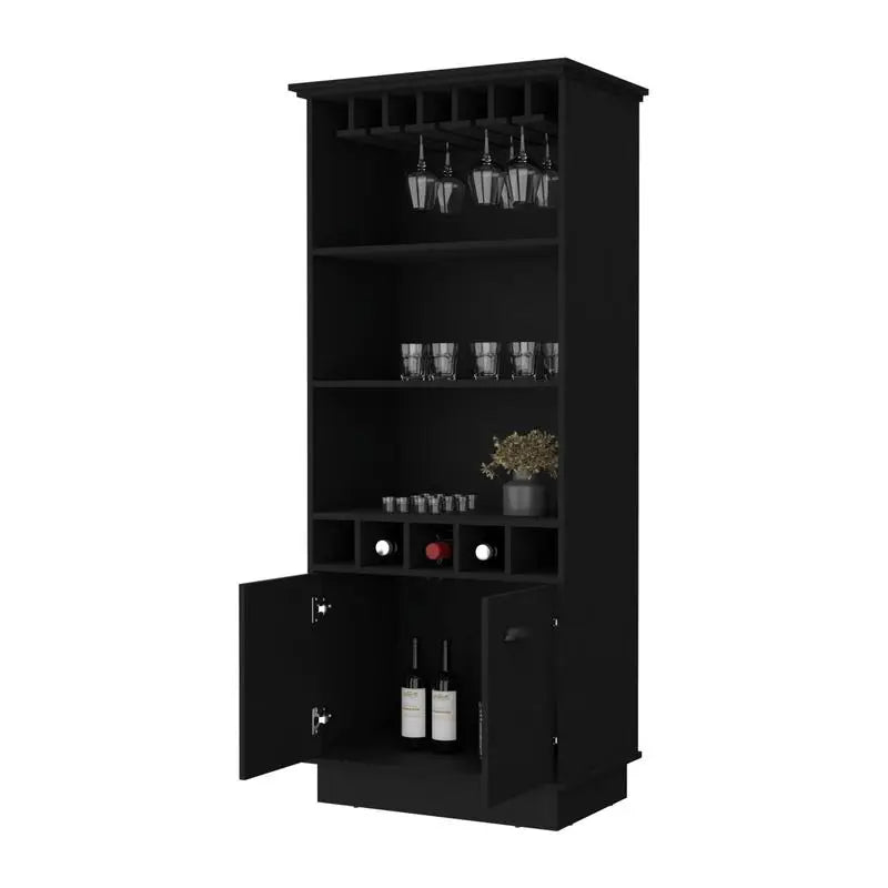 Sophia Bar Cabinet with Glassware Rack and 5 Bottle Racks, Black Finish, Modern Design for Home and Kitchen Storage