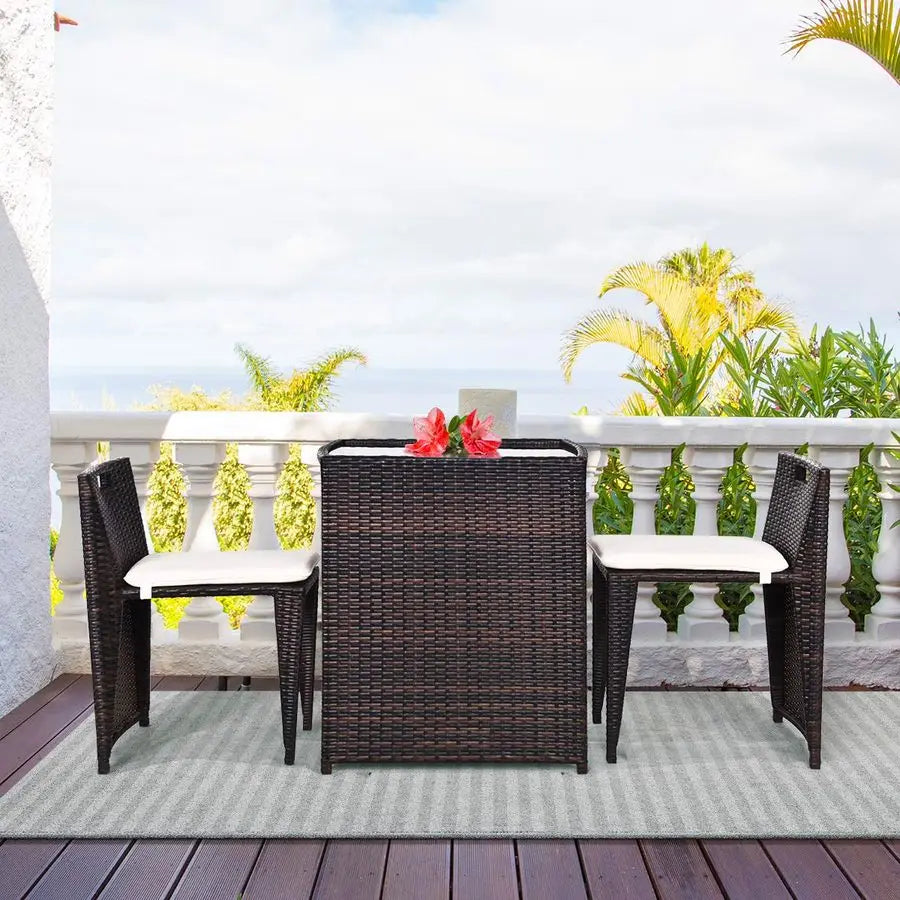 3 Piece Outdoor Rattan Dining Set, No Assembly Patio Bistro Set with Tempered Glass Table, Space Saving Patio Wicker Cushioned