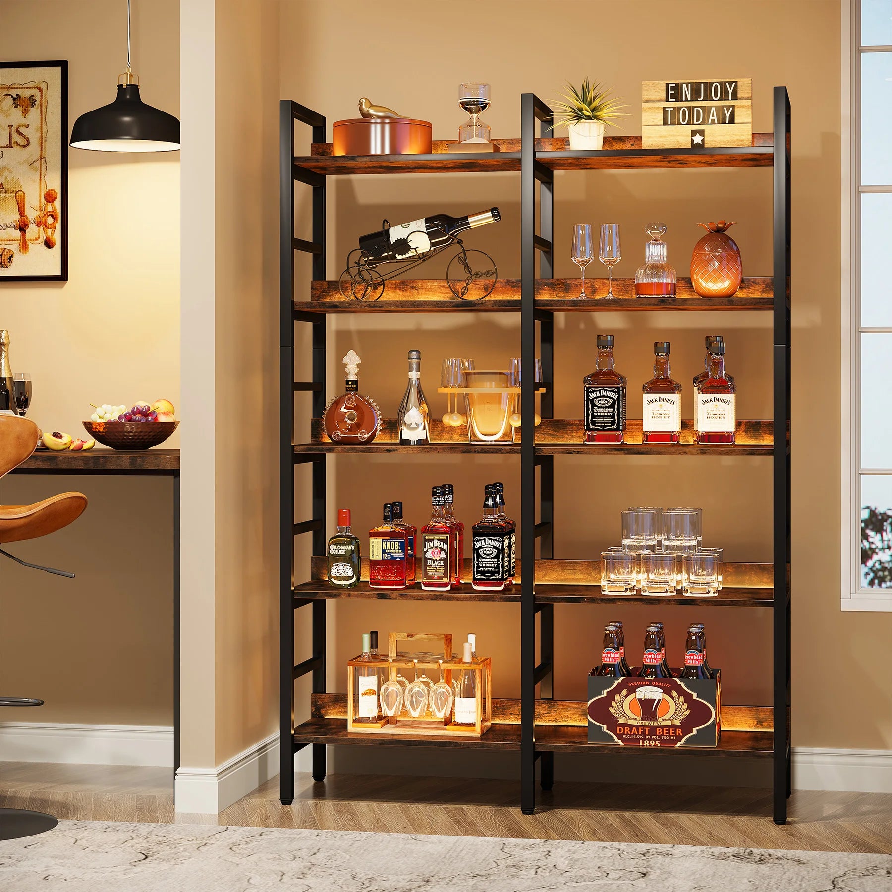 Tribesigns 5-Tier Industrial Bookshelf, 71”H x 47”W Etagere Bookcase, Freestanding Double Wide Book Shelf for Storage