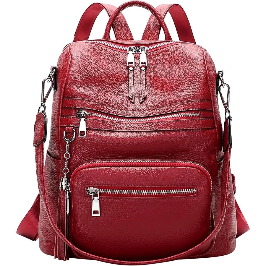 ALTOSY Genuine Leather Backpack Purse for Women Large Shoulder Bag With Laptop Compartment Multiple Pockets S106 Red