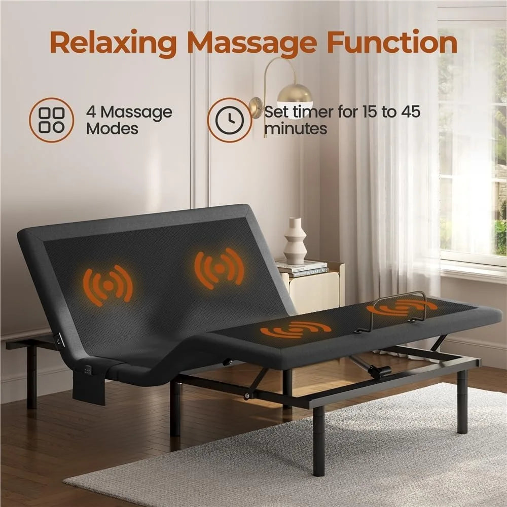 Queen Size Adjustable Bed with Wireless Remote, Massage, Nightlight, Height Adjustable Legs, and Incline Head and Foot Controls