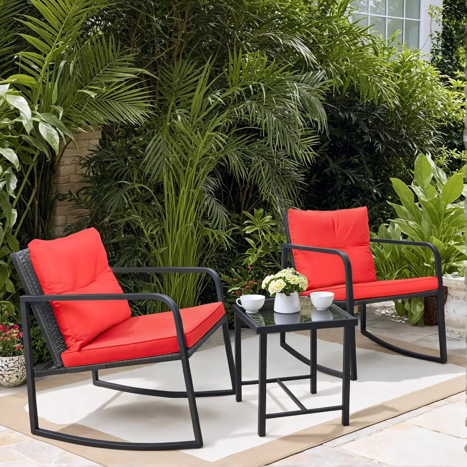 3-Piece Rocking Wicker Bistro Set with Chairs & Glass Table, Red Outdoor Patio Furniture