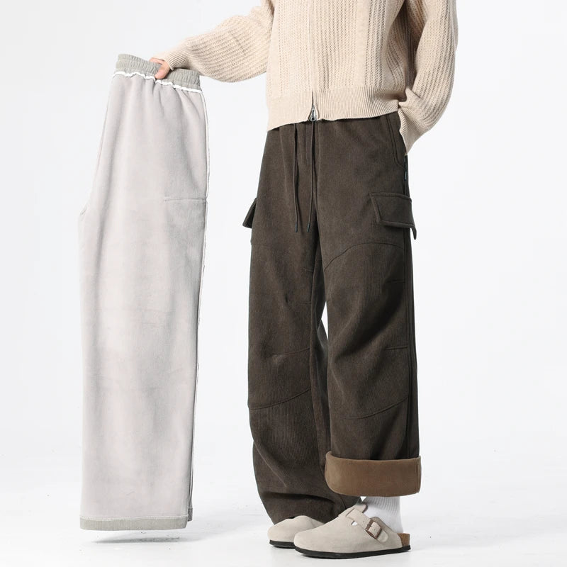 Men's Winter Cargo Pants Thickened Casual Straight Leg Trousers Solid Streetwear Comfortable Fabric Outdoor Unisex