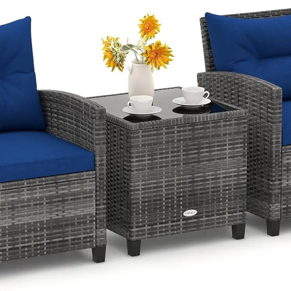 Navy Blue Outdoor Wicker Patio Furniture Set with Cushions and Glass Table for Balcony, Deck, or Poolside