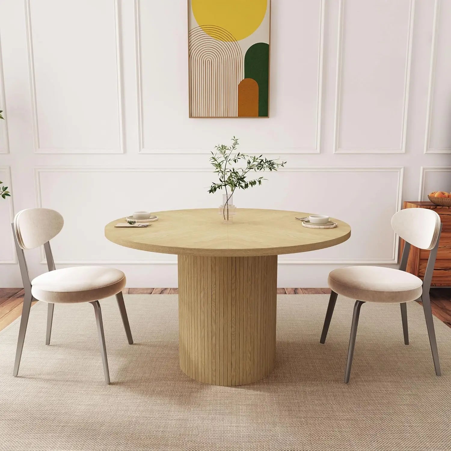 Fluted Round Dining Table, 47-inch Wood Kitchen for 4, Farmhouse Circle Table with Strip Base for Kitchen, Living Room, Walnut