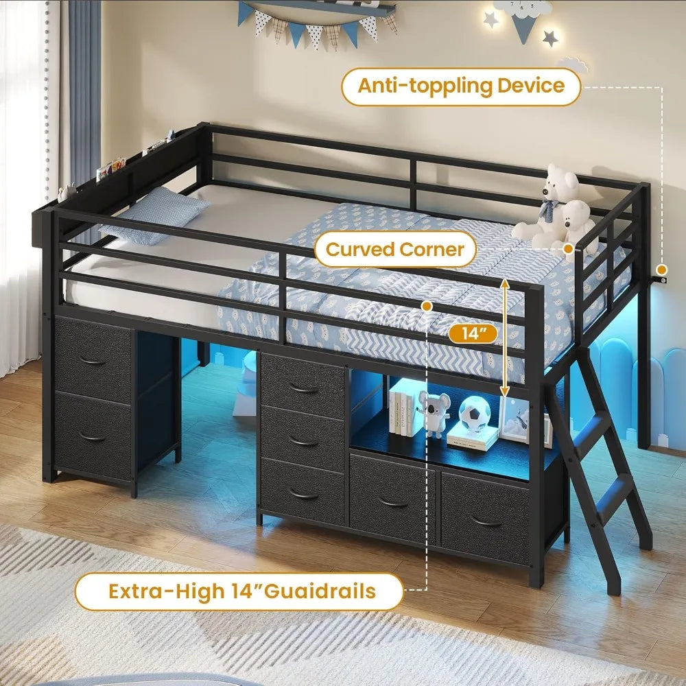 Low Loft Bed Twin Size with 7 Storage Drawers, Bookcase and LED Lights, Metal Kids Loft Bed with 14" H Safety Guardrail,Incline