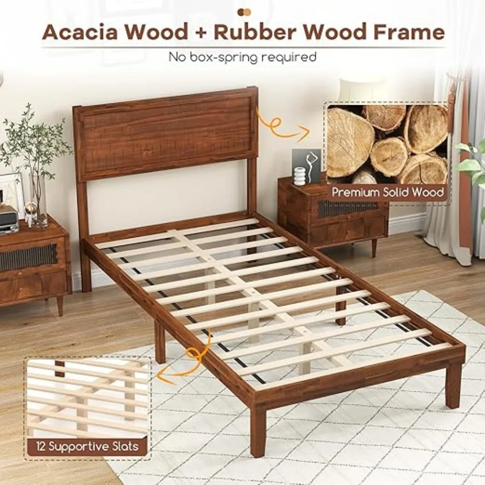 Wood Bed Frame with Headboard,Solid Acacia Platform Bed Frame,Slats Supported Bed Base with Under-Bed Storage Space,Customized