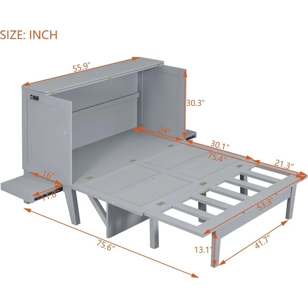 Full Size Murphy Bed with USB Port, Desk and Removable Shelves on Each Side, Full Platform Bed Wood Frame