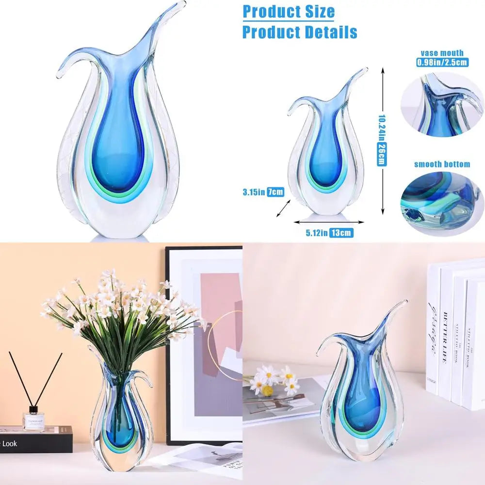 Artisan Hand Blown Glass Vase, Murano-Inspired Ellipse Design, Blue Art Glass for Single Stem Flowers, Elegant Table Centerpiece