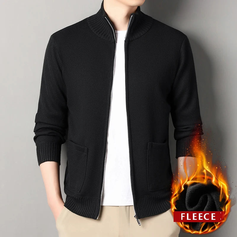 New Winter Men's Fleece Cardigan Knit Sweater Coat Casual Knitted Jacket High Quality Male Clothing Beige
