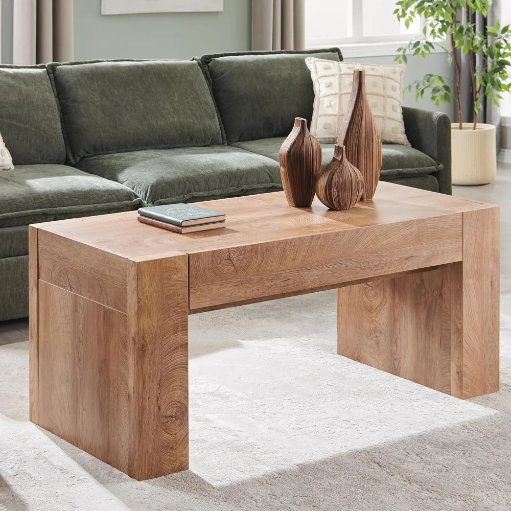 48 Modern Farmhouse Coffee Table, Wooden Living Room Table with Hidden Storage Drawer, Rustic Rectangular Center Tables w/Wo