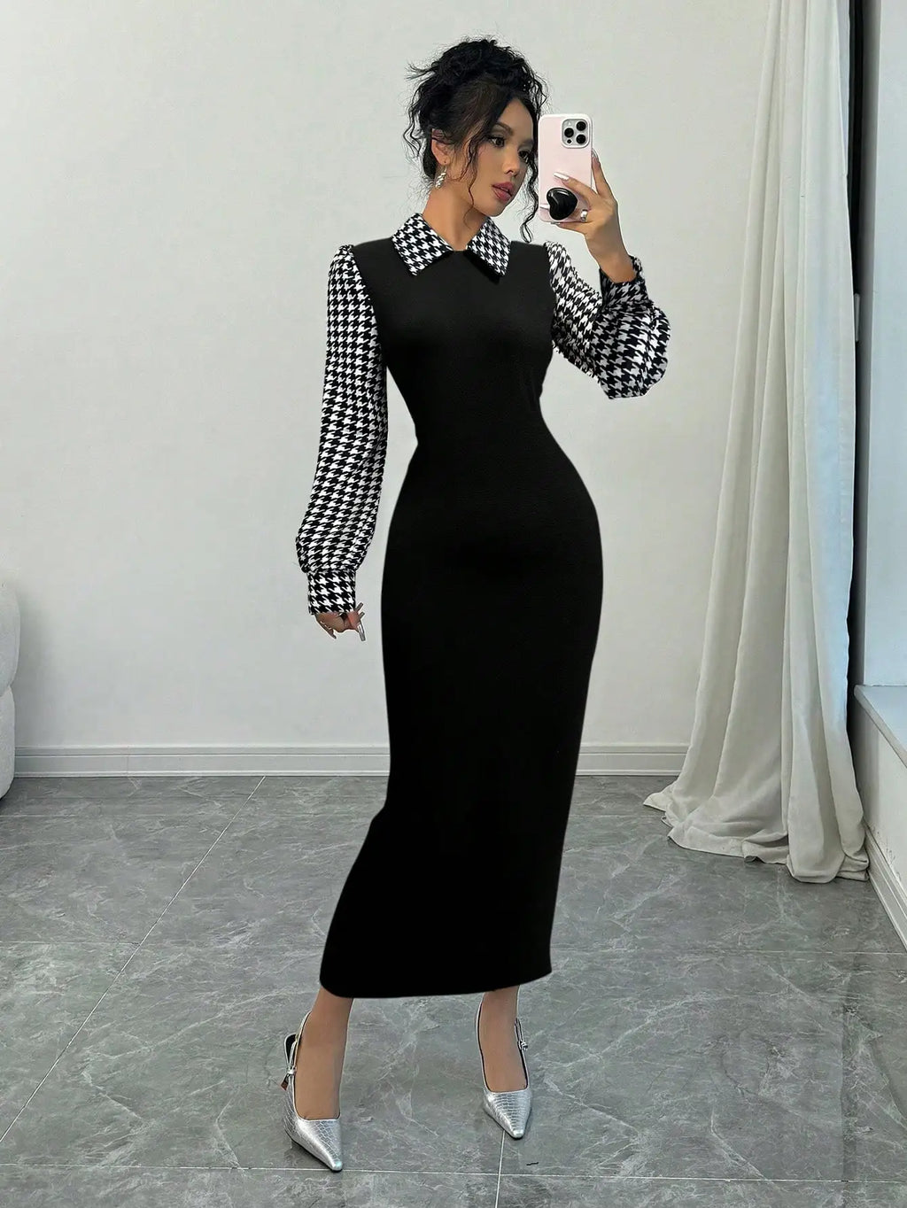 Fish Tail Dress With Peter Pan Collar, Color Blocking Houndstooth & Puff Sleeves Maxi Women Outfit Fall Cloth For Women