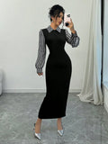 Fish Tail Dress With Peter Pan Collar, Color Blocking Houndstooth & Puff Sleeves Maxi Women Outfit Fall Cloth For Women