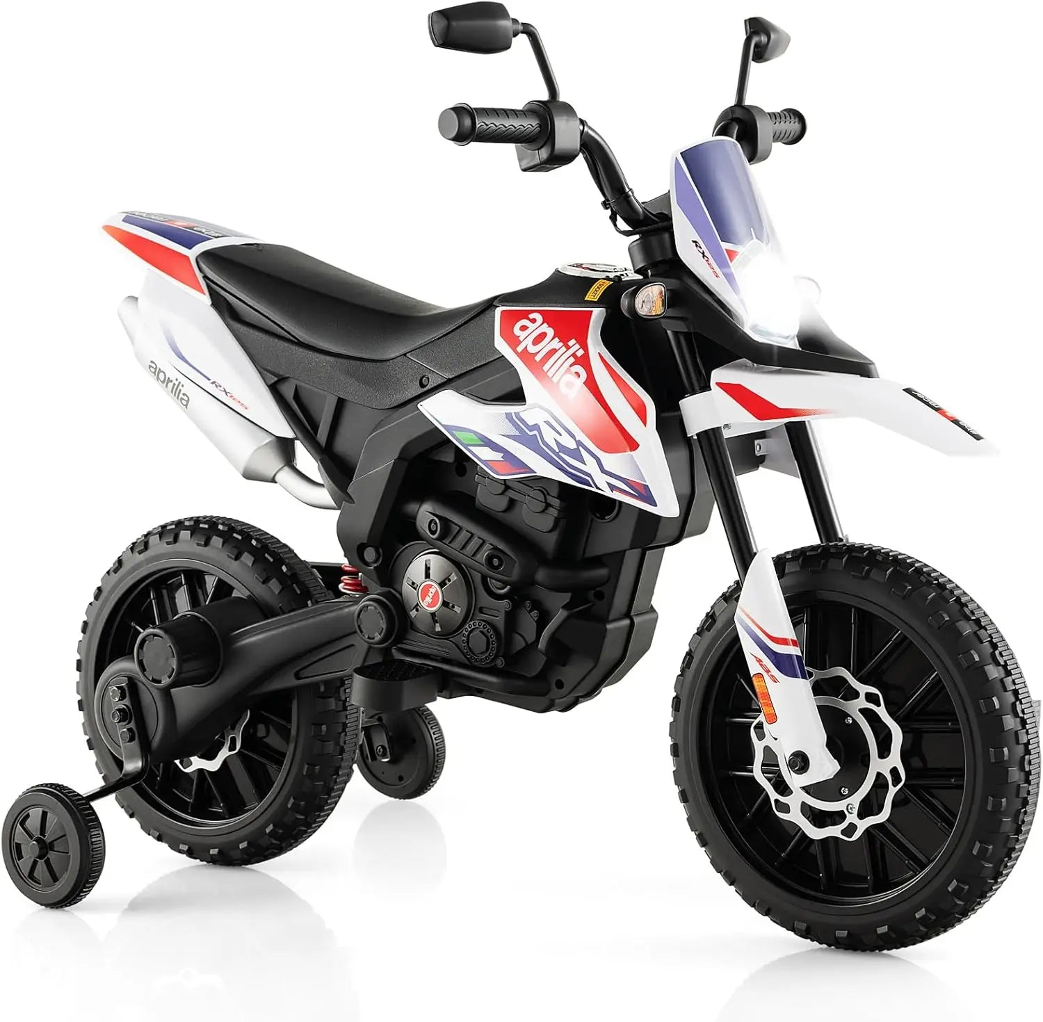 Kids Electric Dirt Bike, Aprilia RX125 Licensed 12V Ride-on with Training Wheels, Suspension, Bluetooth & Lights