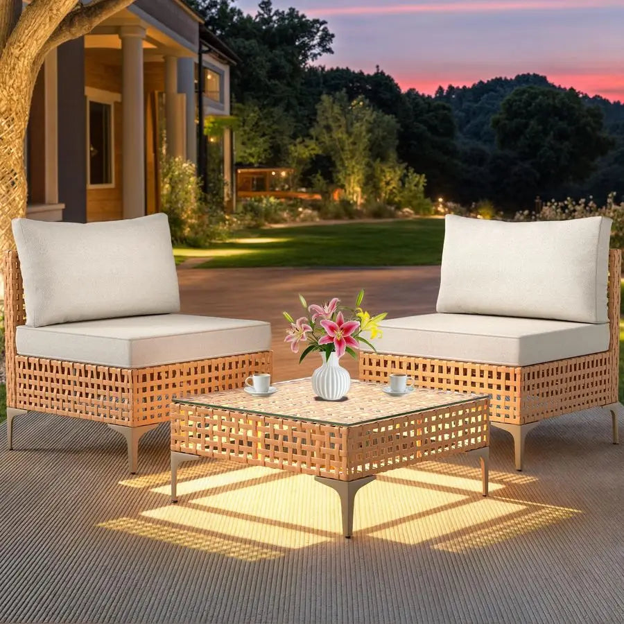 Patio Furniture Set 3 Pieces Outdoor Sectional Sofa with Solar Light Table amp Waterproof Cushions Outdoor Couch AllWeather Rat