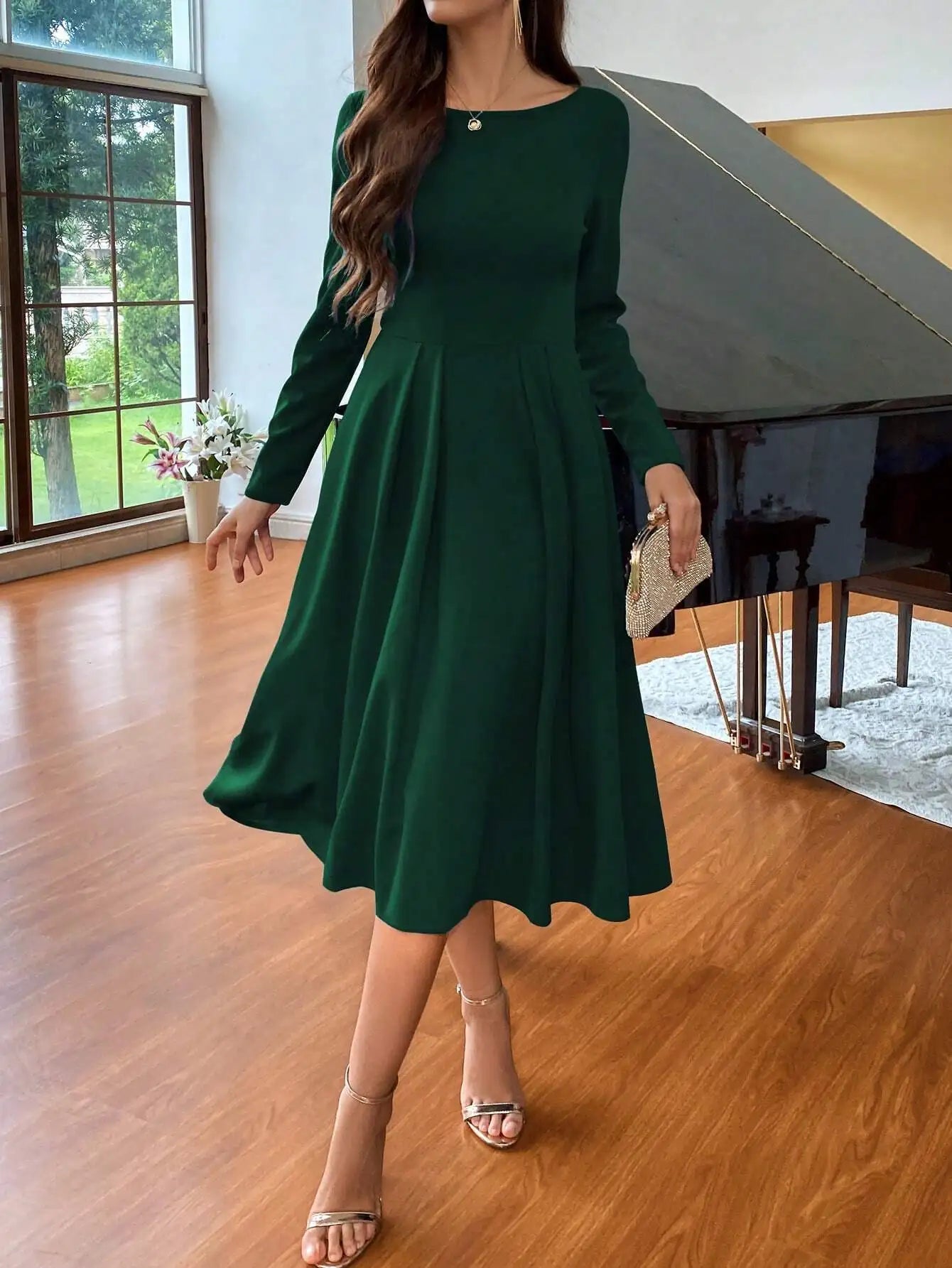 Wine Red Long Sleeve Round Neck Waist Seam A-Line Simple & Elegant Women Dress For Christmas