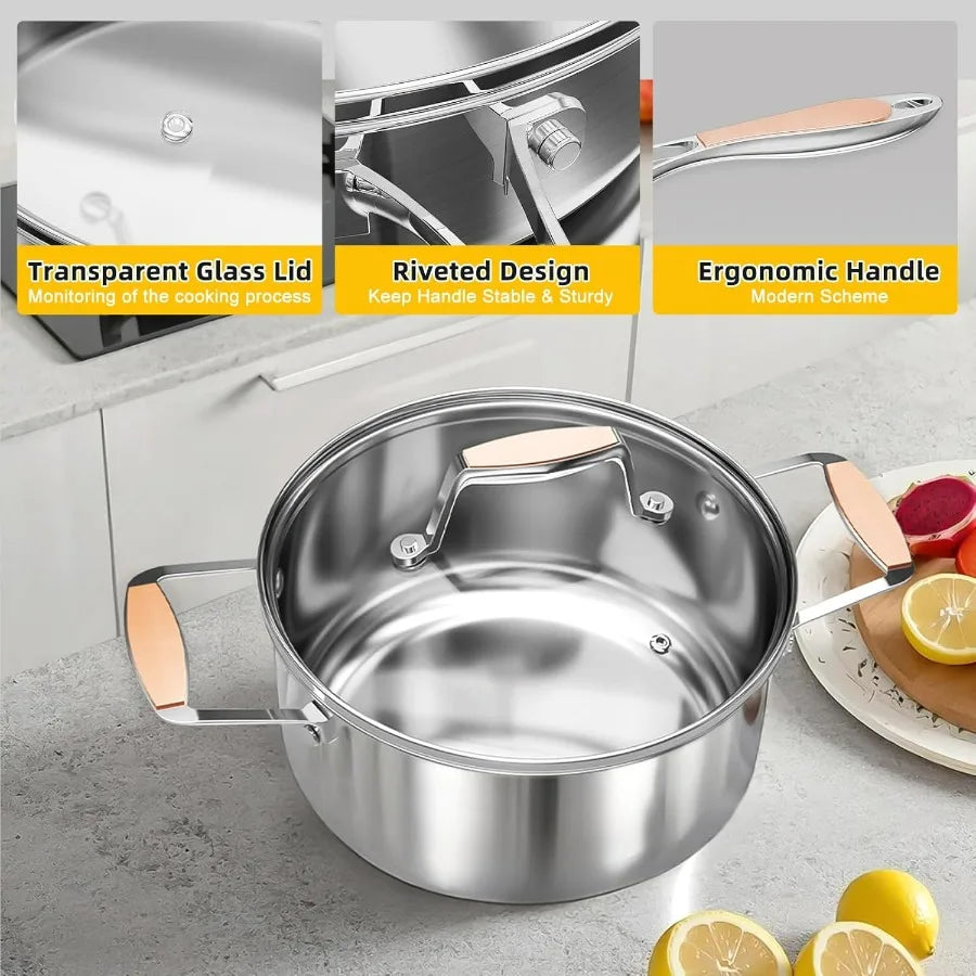 5Ply Stainless Steel Cookware Set with 10 Pieces Including Fry Pan Saucepan and Sauce Pots for Induction and All Stovetops NonT