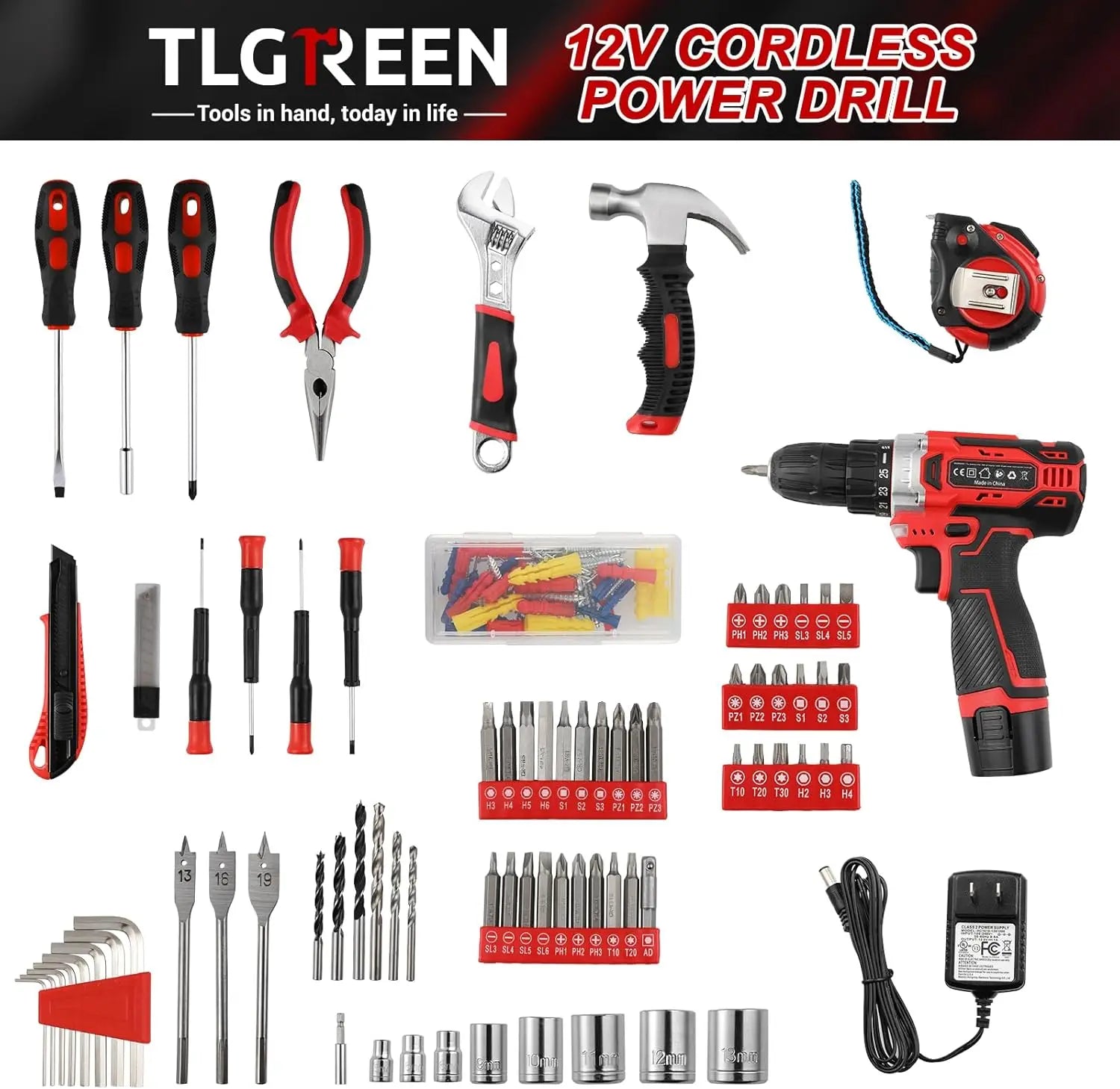 138 Pcs Tool Set with 12V Cordless Drill –Power Hand Tool Kit with Magnetic Drill Bit Set, 2-Speed Control & Fast Charging