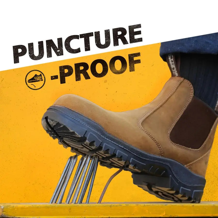 on Work Boots for Men Women Composite Toe Comfort Leather Abrasion Puncture Slip Resistant Sole Safety Chelsea