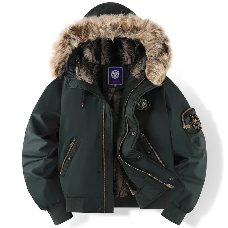 Winter Men's Black Padded Jacket Removable Hood Durable Windproof Fabric Embroidery Decorative Side Pockets Sleeve Zipper