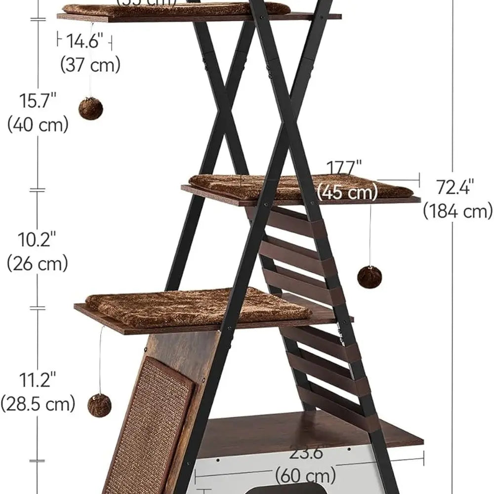 Indoor 72.4 Multi-Level Cat Tree with Caves, Scratching Board, Large Perch, Removable Pads, Rustic Brown