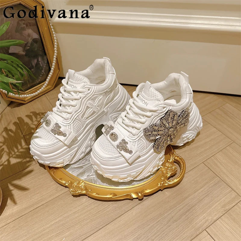 Thick Soled Mesh Rhinestone Chunky Sneakers for Women New Lace Up Height Increasing Shoes Female Japanese Style Casual Sneakers