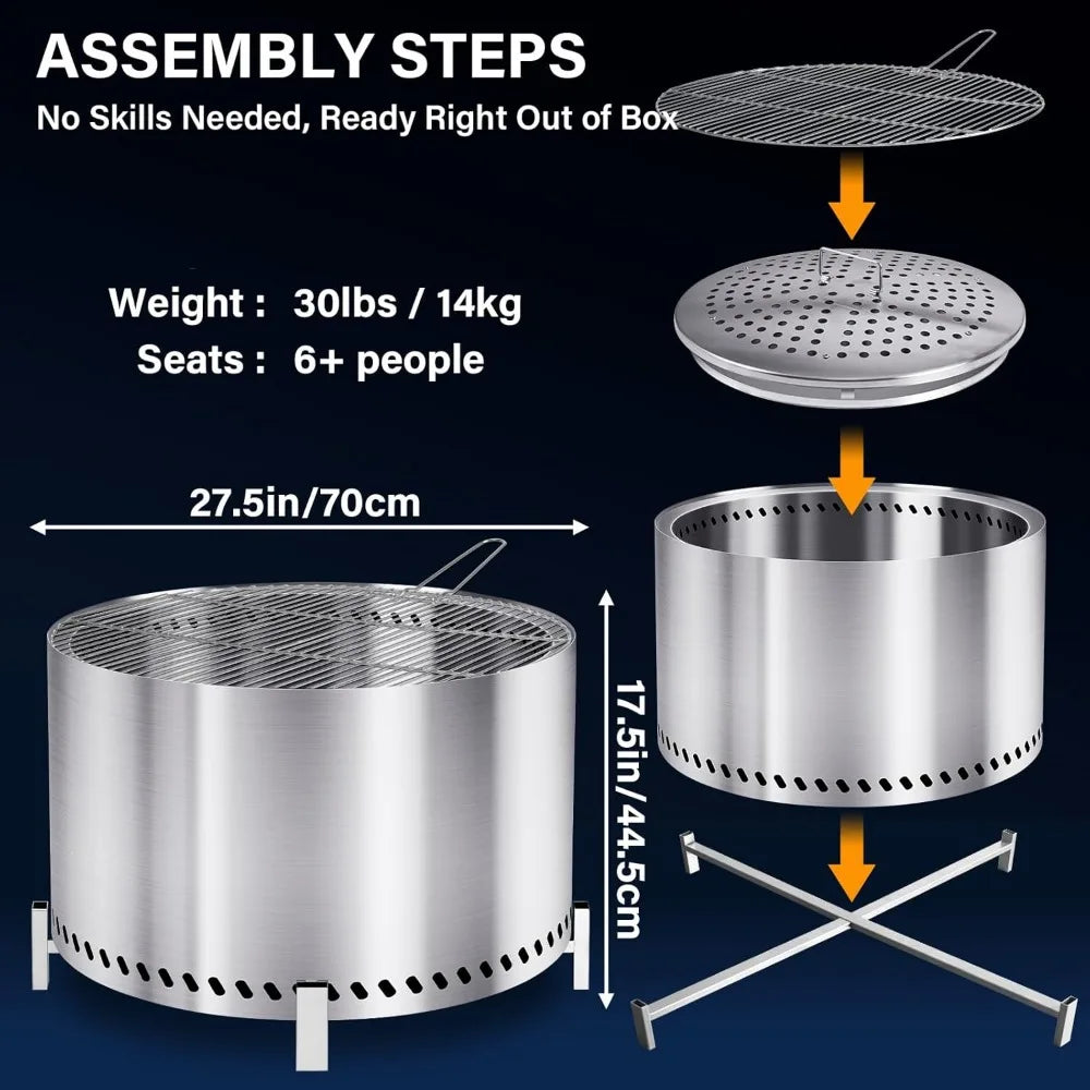 27.5" Smokeless Fire Pit with Grill & Stand, Stainless Steel Wood Burning Outdoor Stove for BBQ and Gatherings
