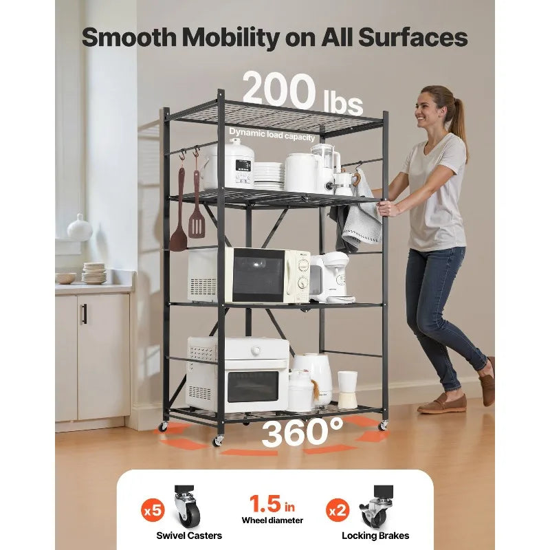 Folding Storage Shelf with Wheels 4-Tier No Assembly Organizer Shelf Black