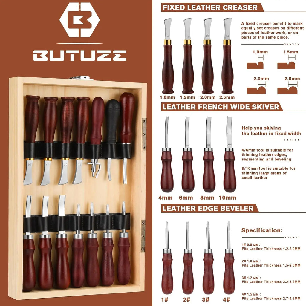 Professional Leather Crafting Tool Kit with Cutting, Punching, Carving, and Heavy Duty Sewing Supplies
