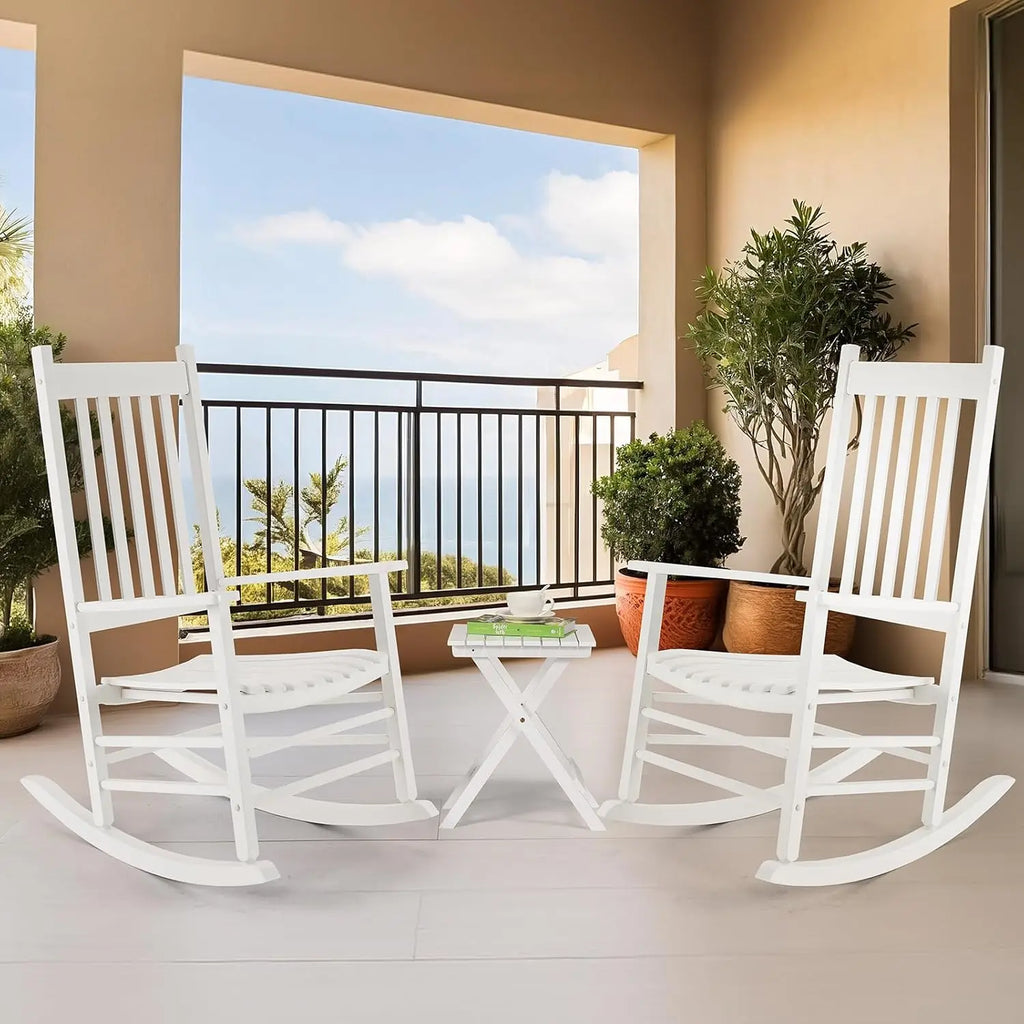 3 Piece Patio Rocking Chair Set, Outdoor Wood Conversation Set w/ 2 Rockers & 1 Coffee Table, Poplar Wooden Rocking Bistro