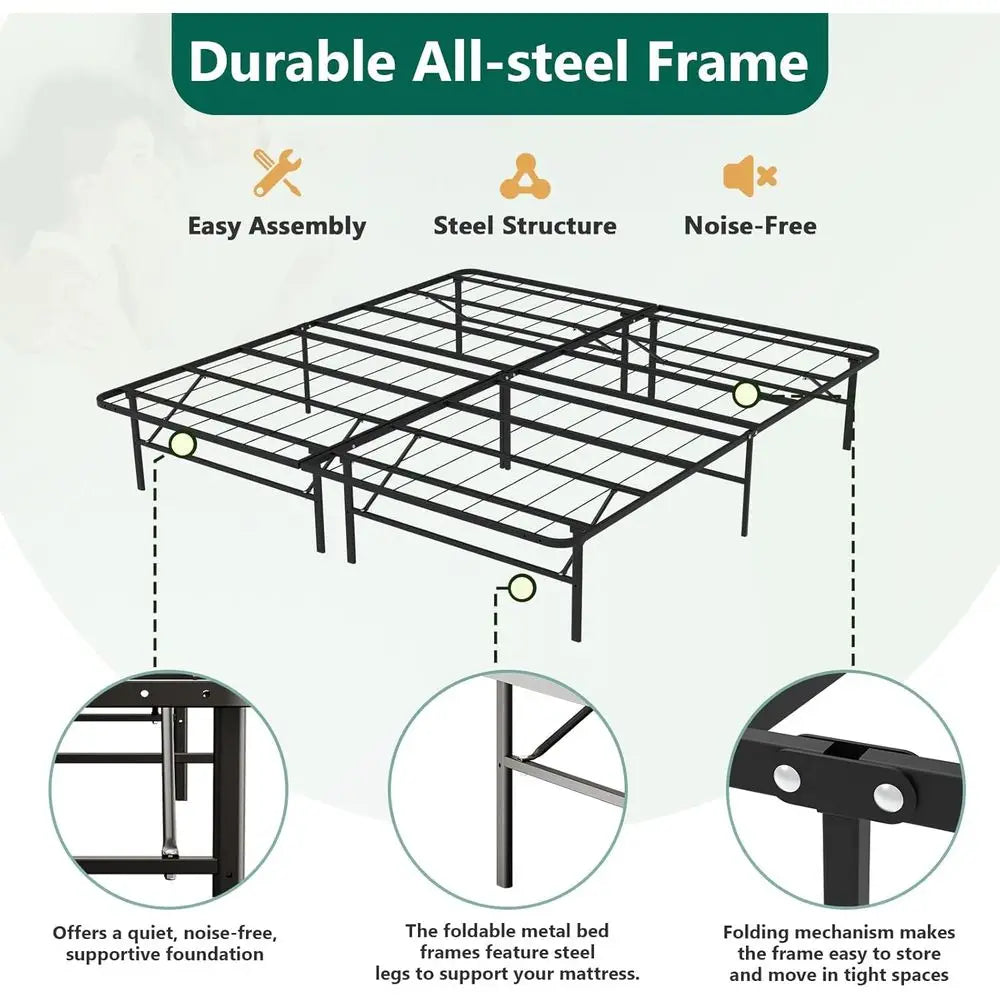Foldable Bed Frame, King Bed Frame Metal Platform with Steel Slats, No Box Spring Needed, Tool Free Assembly, Quiet & Sturdy Bas