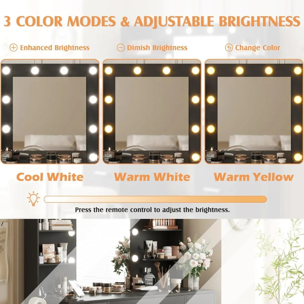 Vanity Desk with Mirror, Power Outlet and 10 Lights, Makeup Table with 7 Drawers, 3 Color Modes Available for Bedroom