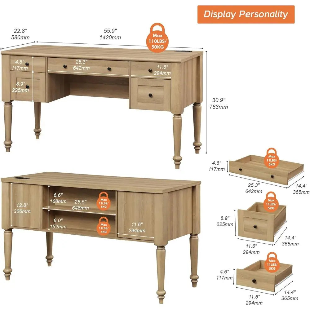 Executive Desk with Charging Station, 5 Drawers, Oak Wood, 55 for Home Office and Study