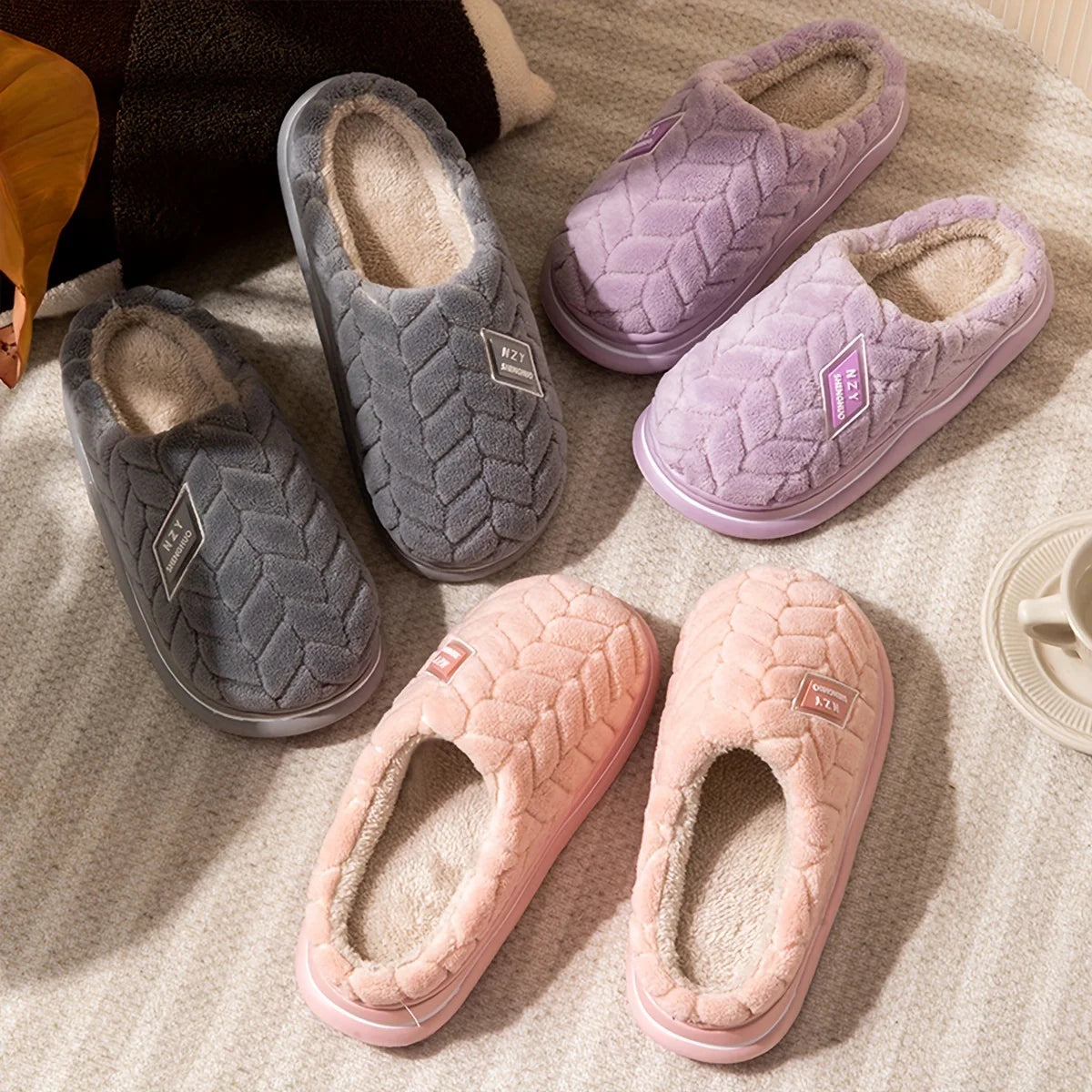 Warmth and Slip-Resistant Thick Sole Plush Slippers - Autumn and Winter Indoor Home Slippers for Women and Men's Couple