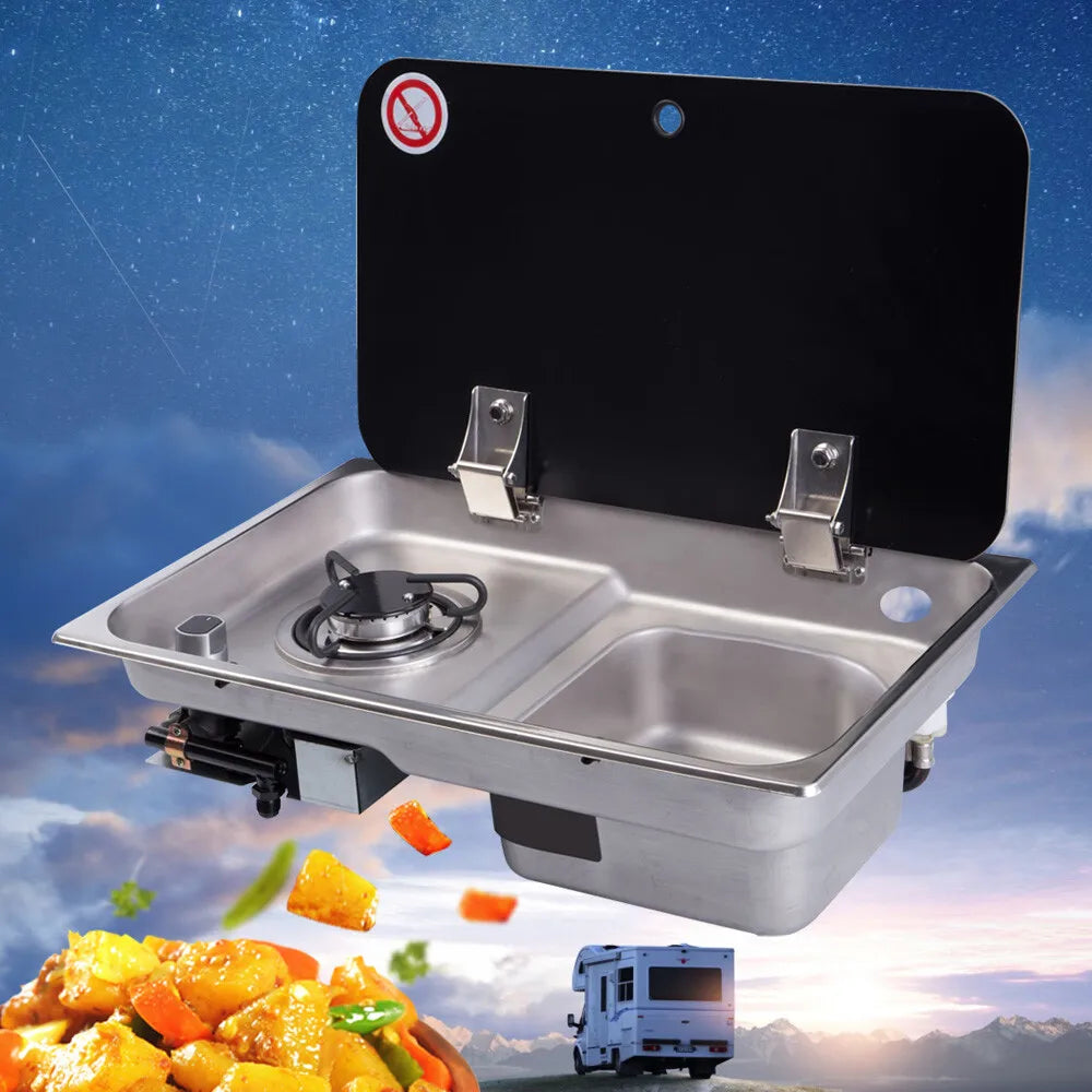 Drop in RV Gas Stove with Stainless Steel Sink Efficient Combustion for Camper Van Kitchen and Outdoor Cooking