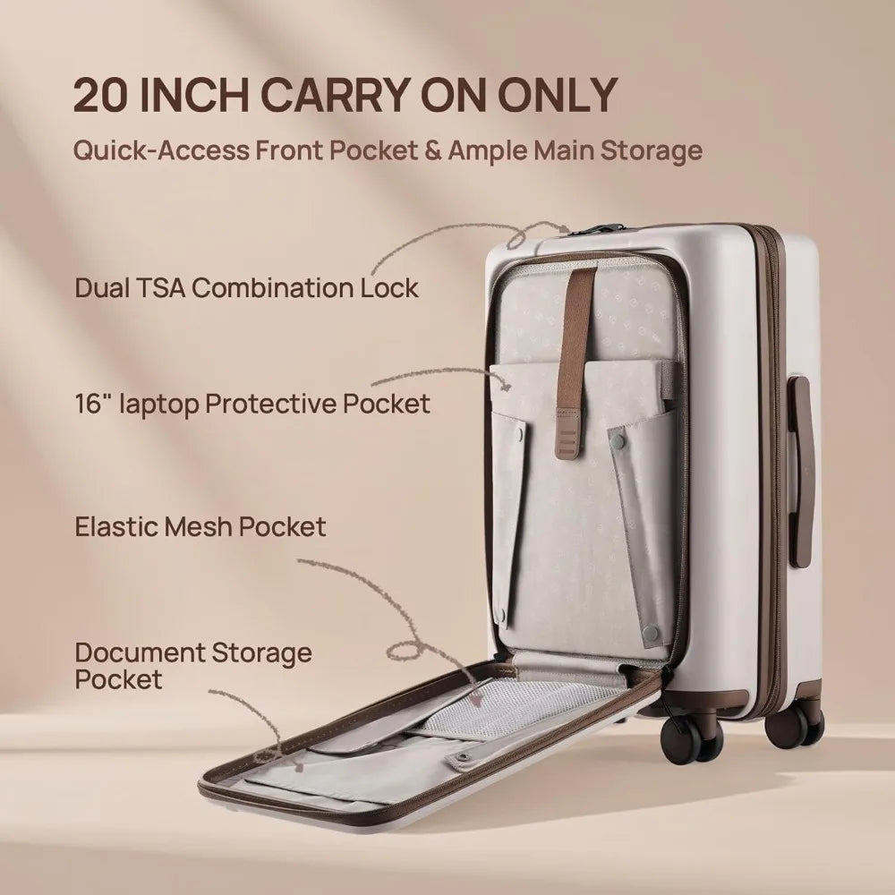 Carry On Luggage 22x14x9 Airline Approved, 20 Inch Suitcase with Front Compartment & Cup Holder, Coffee-Infused PC Hard