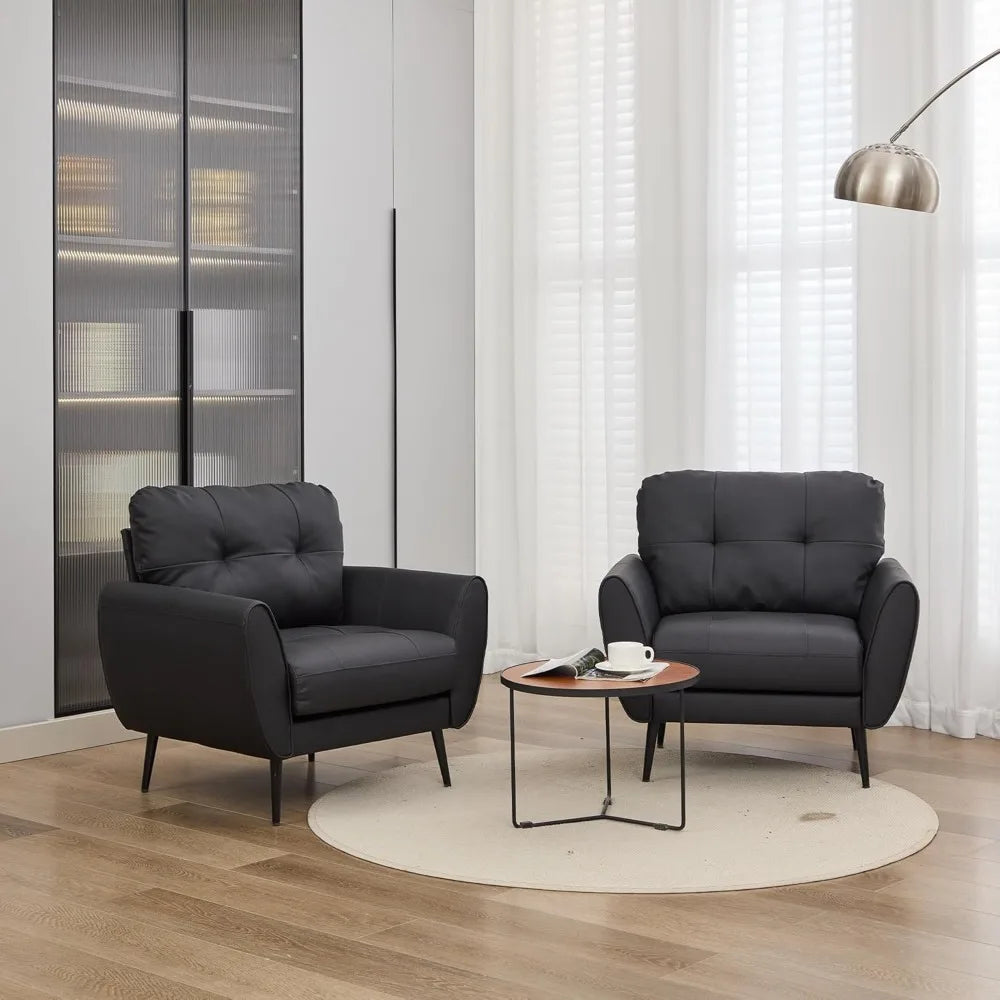 TYBOATLE Accent Chairs Set of 2, Comfy Modern Living Room Chair Black Leather Reading Accent Chairs Tufted Mid Century Arm Chair