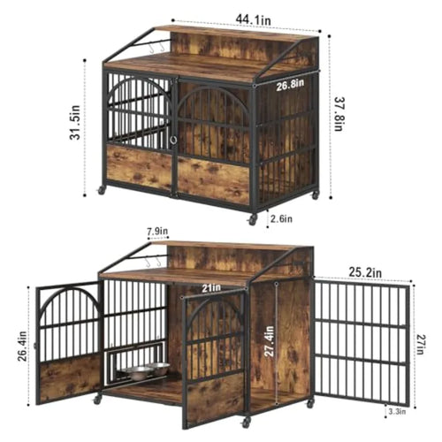 44 Inch Heavy Duty Dog Crate Furniture with 3 Doors Wood Finish Pet Cage for Large/Medium/Small Dogs 360 Stainless Steel Bowls