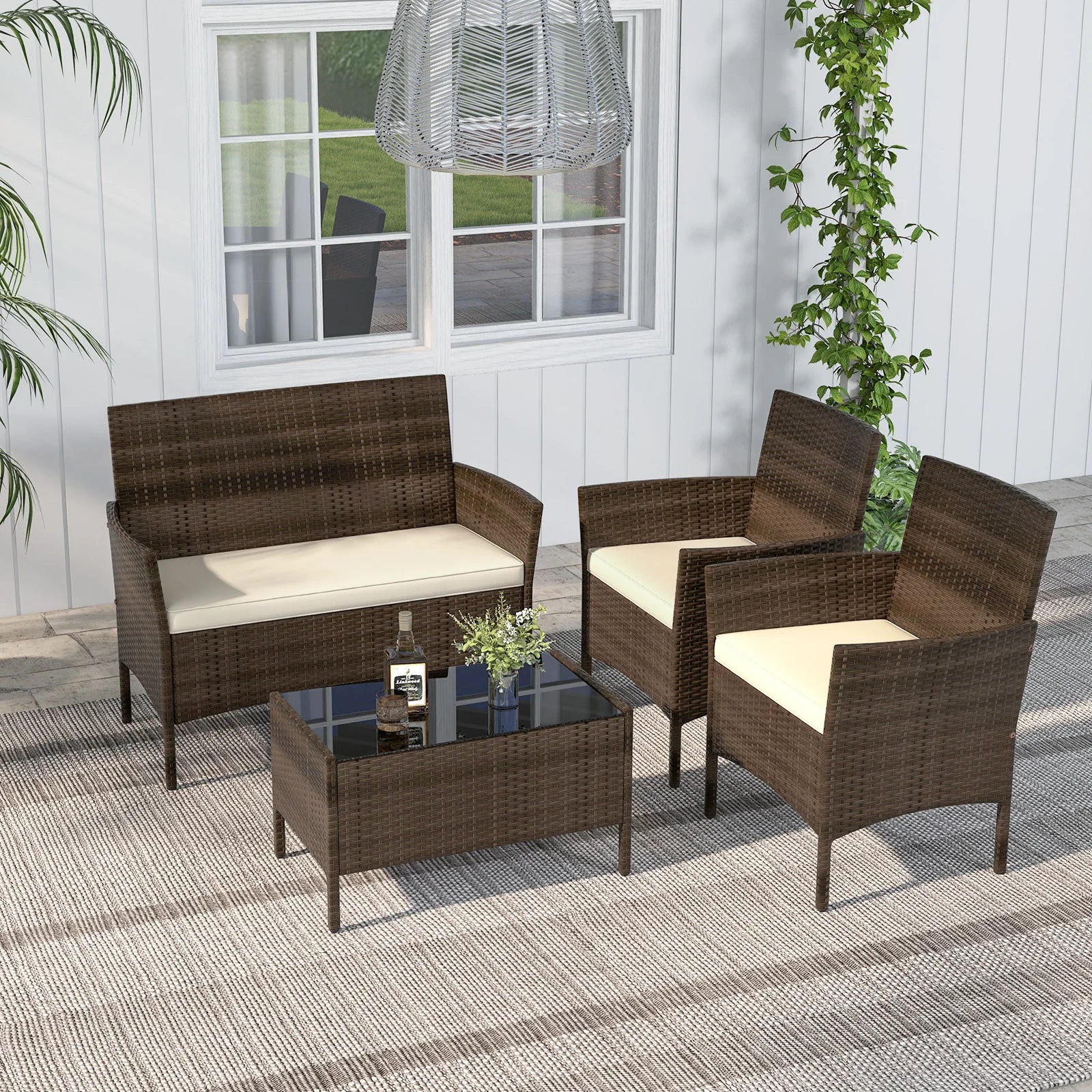 4 PCS Patio Furniture Set with Washable Cushions and Tempered Glass Coffee Table Beige