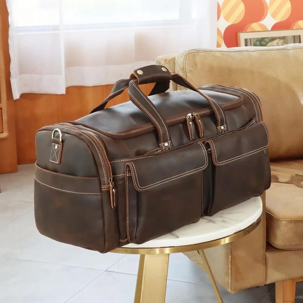 Polare 23" Duffel Retro Thick Full Grain Cowhide Leather Gym Weekender Overnight Luggage Bag 42L